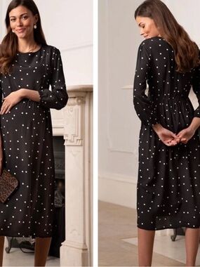 Seraphine black polka dot printed long sleeve Maternity nursing midi dress sz 8